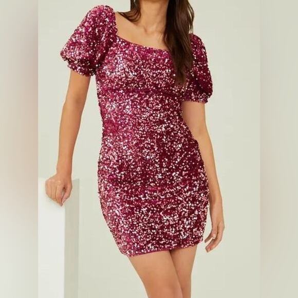 Altar'd State Dresses & Skirts - Altar’d state disco dress pink sequins puff sleeve mini party dress size small